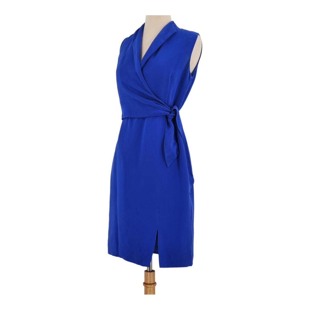 Jones New York Royal Blue Silk Wrap Front Collared V-Neck Sleeveless Dress 4